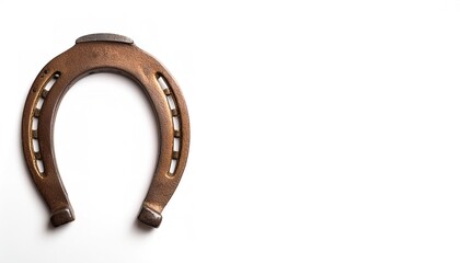 closeup view of a decorative horseshoe or horse shoe for design or decor in a farm style home or house.  pointing down means bad luck or bad fortune. Isolated on white background with copy space