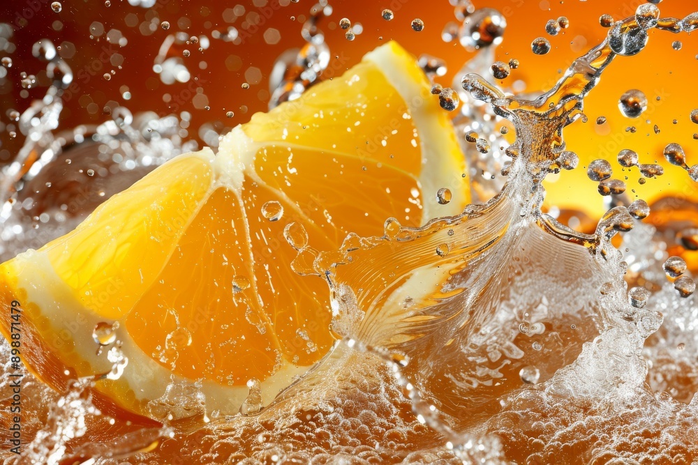 Poster refreshing splash of orange slices in water capturing the vibrant and fresh essence of citrus in a d