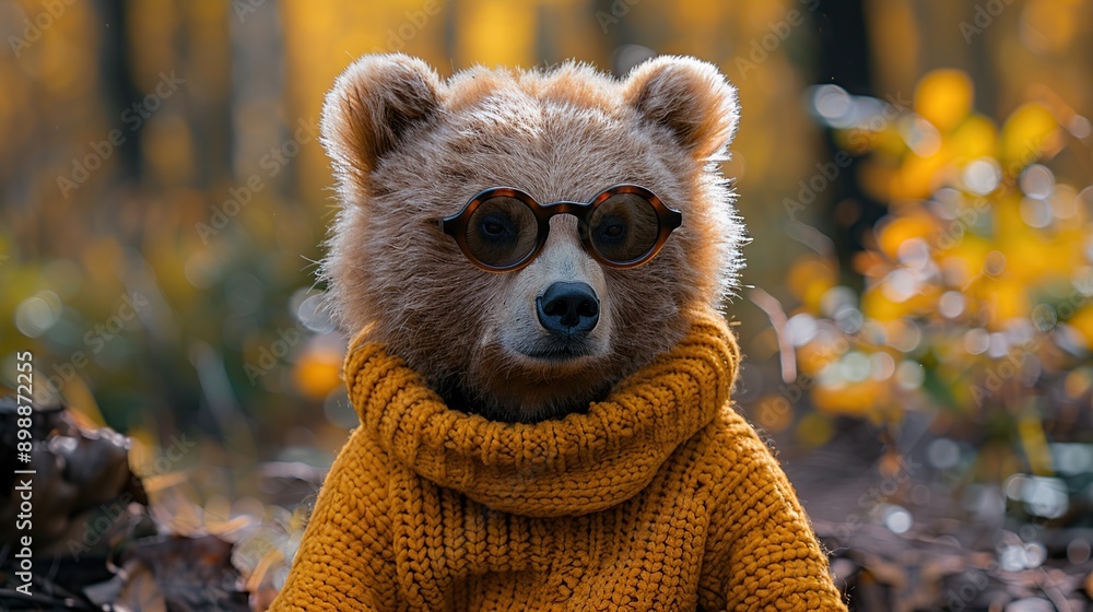 Poster Bear in Sunglasses and Knitted Sweater in Autumn Woods