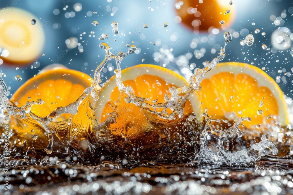 Poster refreshing orange slices splashing in water capturing the vibrant and fresh essence of citrus in a d