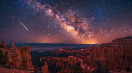 Shooting star streaks across the sky over the rocky cliffs of bryce canyon national park, illuminated by the milky way galaxy