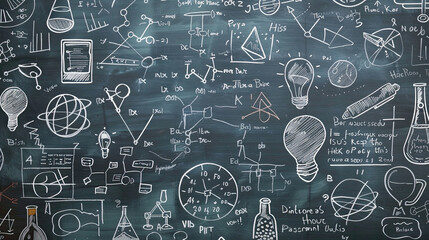 Fototapeta premium Chalkboard showcasing handwritten notes and equations in different subjects diverse and detailed content educational setting clear and organized presentation academic and informative visual study