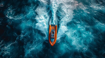 Aerial view of an orange and white rigid inflatable boat sailing fast in a deep blue ocean, leaving a foamy trail behind