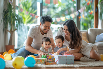 Happy family celebrating birthday. A joyful moment of parents and young children opening presents together. Perfect for lifestyle, family events, and celebratory themes in marketing and advertising