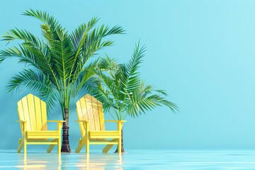 Tropical scene with palm trees and beach chairs against a blue background capturing the relaxing and sunny essence of a summer vacation