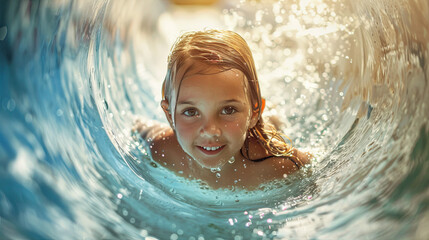 Child sliding down in water park thrilling and fun water slide splashy and exciting moment summer adventure joyful child in action vibrant and lively water park scene playful and energetic experience