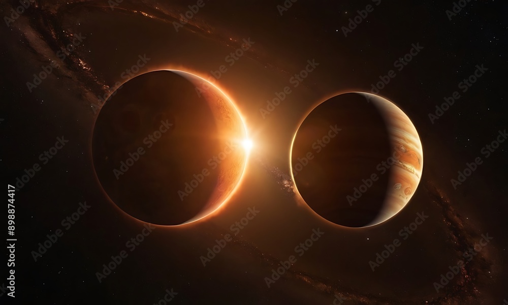 Sticker two suns orbiting each other with planets revolving around them, casting dual shadows and unique lig