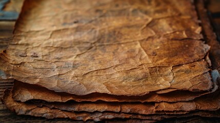 Fototapeta premium Neatly arranged stack of old parchment papers. Exuding history and nostalgia with rough surfaces and warm brown tones