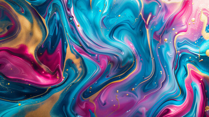 Obraz premium Photorealistic, Fluid abstract composition with vibrant marbled colors, Waves and swirls of turquoise, magenta, and gold flowing together