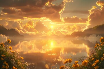 Golden sunset over a lush landscape with dramatic clouds creating a breathtaking and serene natural scene filled with warmth and beauty