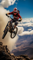 Naklejka premium High Flying: A Mountain Biker’s Daredevil Stunt Against the Backdrop of Rugged Wilderness
