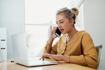 Girl, online and phone call with laptop in home office for communication, insurance query and...