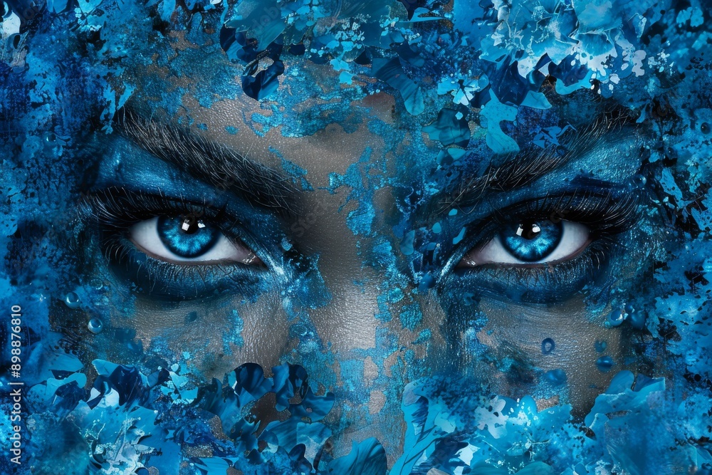 Poster blue abstract portrait with intense eyes created with digital art techniques showcasing depth emotio