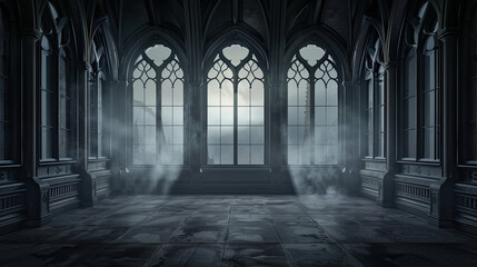 Empty dark room in Gothic style with large windows eerie and atmospheric interior grand architectural details mysterious ambiance dramatic lighting and shadows medieval design elements spacious and ha