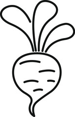 Simple black and white illustration of a beetroot with leaves, ideal for recipe books or healthy eating promotions