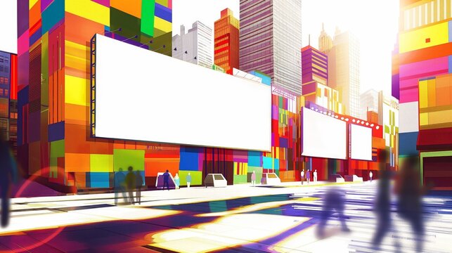 A vibrant urban street with blank billboards for advertising surrounded by skyscrapers in various colors with people in the cityscape emphasize the modern city environment