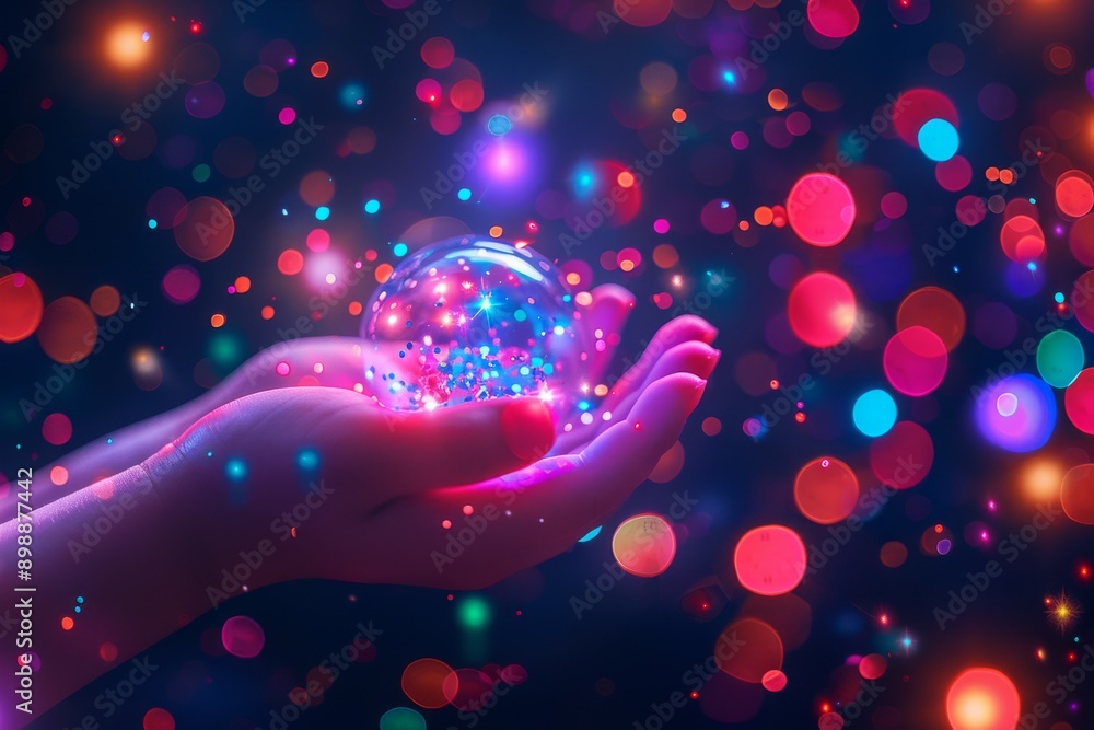 Poster hand holding a sparkling orb of light with colorful bokeh in the background representing magic dream