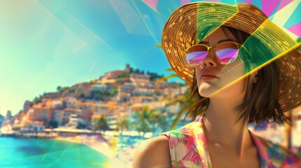 A stylish woman wearing sunglasses and a hat enjoys a sunny day on vacation at the beach with summer vibes and relaxation with leisure time