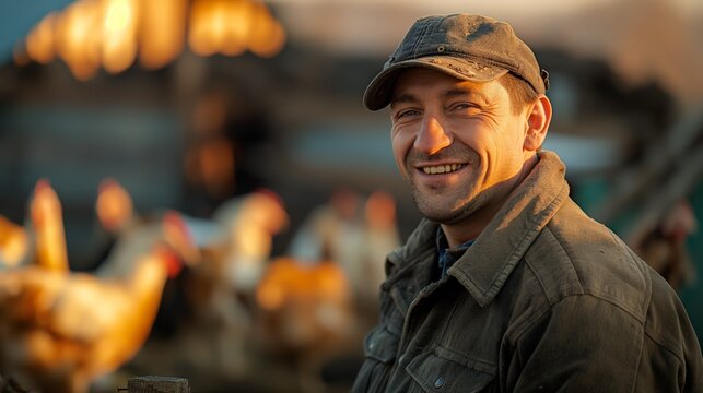 Smiling worker, the male loader, Russian, summer, interplay of lights and shadows, background is poultry farm