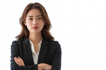 photo of business asian woman standing with proud and beautiful brown hair, white background, 4k ulra hd