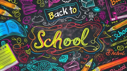 A colorful back to school chalkboard art featuring various school supplies, including pencils, books, and stationery on a blackboard