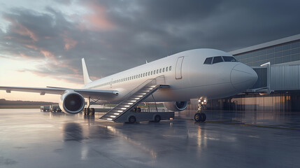 The white Unrecognizable plane at the airport takes passengers through a telescopic ladder.