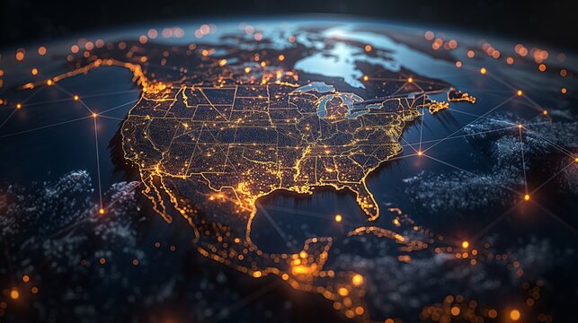 A visualization of North America at night showing the illuminated city lights of the United States and glowing network connections highlighting the continent's interconnectedness