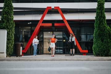 Three businesswomen outside a modern building with a red architectural feature, engaged in...