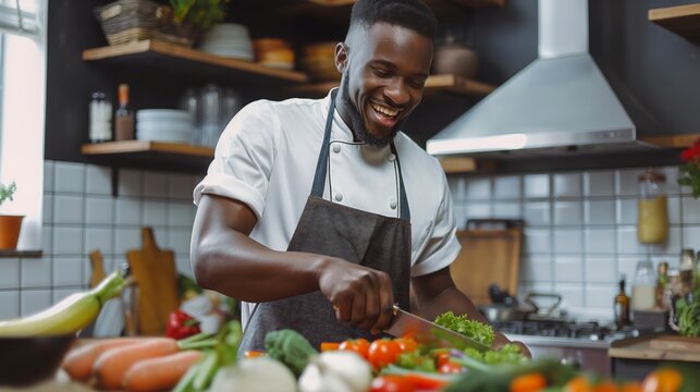 Happy handsome young African chef guy cooking vegan meal, chopping fresh vegetables for salad at kitchen table, keeping healthy lifestyle diet.