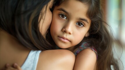 loving young Latino mother hug caress small 8s daughter feeling offended or upset. Caring Hispanic mom embrace support or comfort sad little girl child