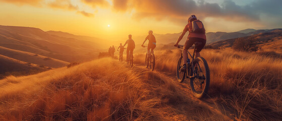 Obraz premium Mountain bikers riding through golden fields at sunset, enjoying an outdoor adventure that highlights the beauty of nature and the thrill of exploration and physical activity
