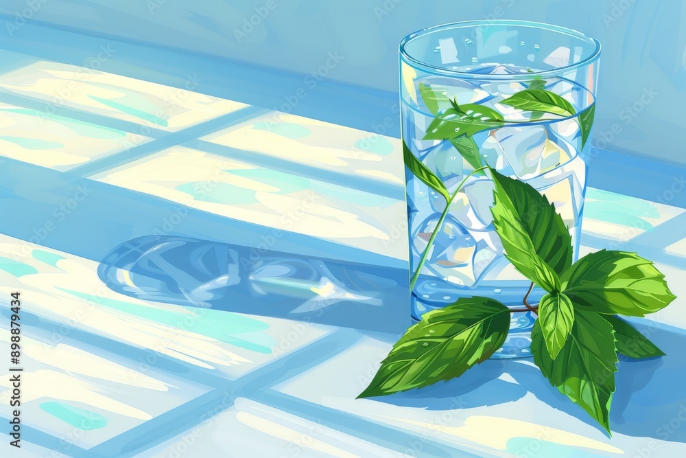 Poster glass of water with mint leaves illuminated by natural light creating a refreshing and pure visual o