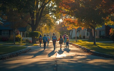 A group of kids walking to school in a leafy suburban neighborhood, capturing the essence of a peaceful community morning