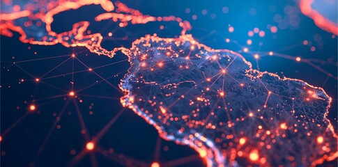 "Illuminated map of Latin America and the Caribbean with glowing city lights and interconnected networks, showcasing the region's digital connectivity and vibrant infrastructure at night."

