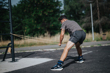 A man performing calisthenics using resistance bands in an outdoor park setting, emphasizing fitness and strength training.