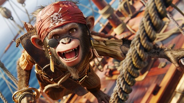 A mischievous monkey pirate with an eye patch and bandana, swinging from a rope on a treasure-laden galleon, a mischievous grin on its face.