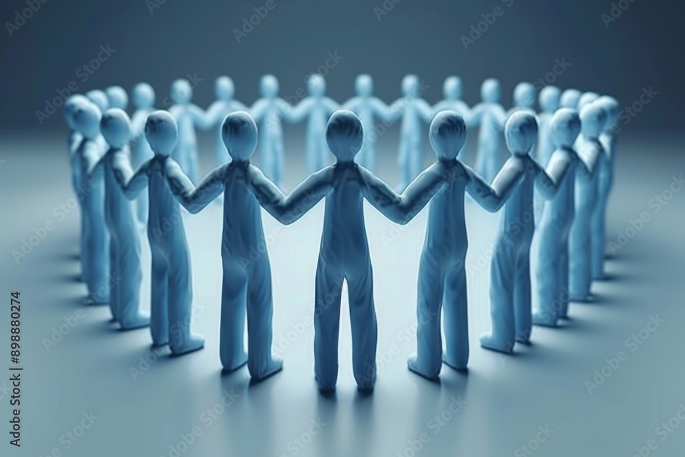 Poster group of blue figurines holding hands in a circle symbolizing unity teamwork and community in a harm