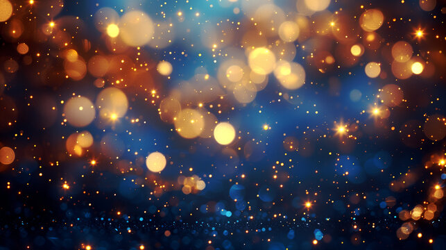 abstract Christmas golden blue bokeh background with bokeh effects, filled with warm golden lights, with a dreamy appearance of glowing lights, an ethereal, magical, serene mood for a holiday theme