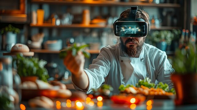 A chef wearing a VR headset while cooking in a kitchen filled with fresh ingredients, blending culinary arts with cutting-edge virtual reality technology in the future