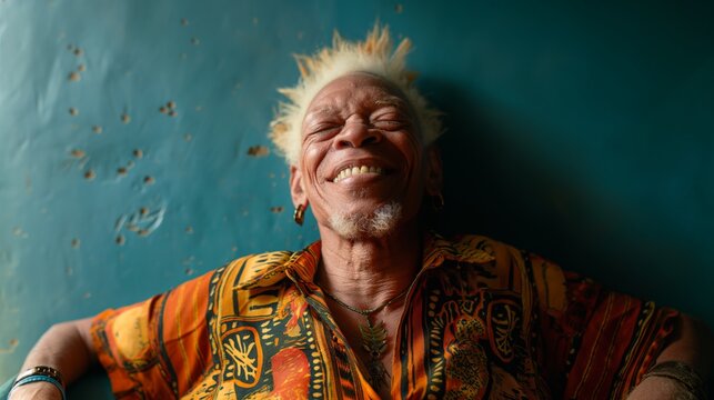 An mixed race albino man smiling and wearing a colorful shirt against a textured teal background, radiating joy and vibrant personality
