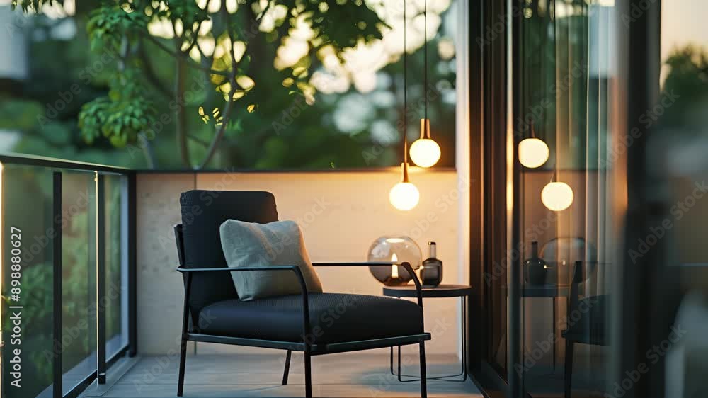 Poster a minimalist approach to a private balcony nook featuring a sleek black armchair and matching side t