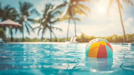 A colorful beach ball floats in a serene swimming pool, surrounded by palm trees, capturing the essence of relaxation and tropical leisure on vacation