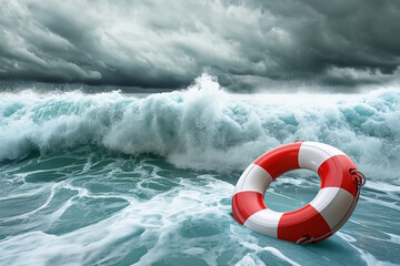 Lifesaver ring floating in stormy ocean waves. Concept of rescue, safety, and emergency preparedness