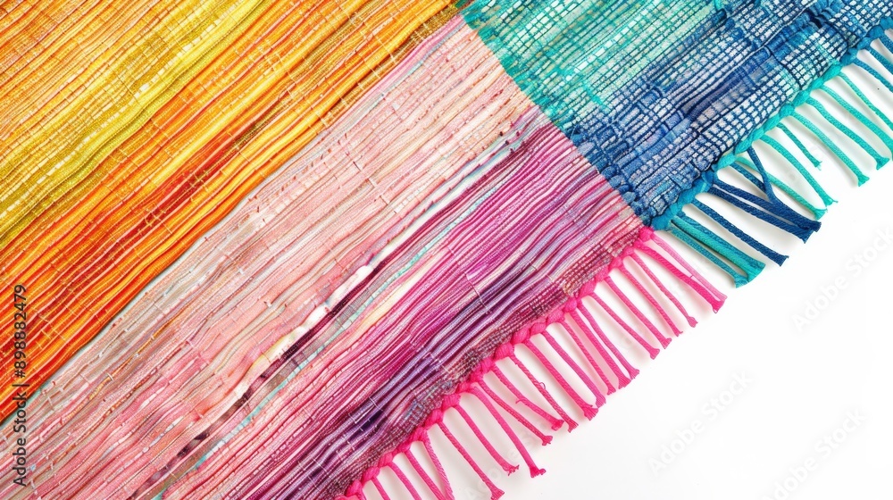 Poster a colorful textile woven with a variety of shades and textures is depicted, presenting an artistic b