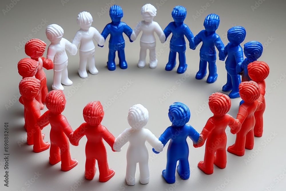 Poster red and blue figurines in a circle symbolizing unity diversity and teamwork in a harmonious and incl