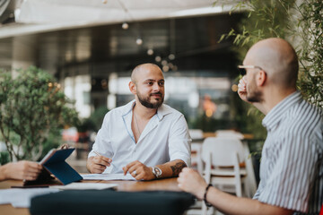Team of marketing workers in an outdoor meeting discussing campaign performance, market trends, and strategy development.