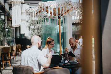 Startup team in a business meeting discussing, brainstorming, analyzing, and strategizing outdoors in a stylish cafe for effective collaboration