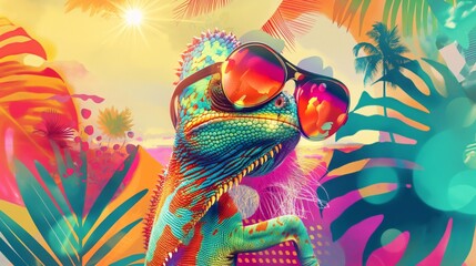 Fototapeta premium A chameleon sporting sunglasses with a vibrant tropical setting, symbolizing a fun and colorful summer experience, merging wildlife and playful aesthetics