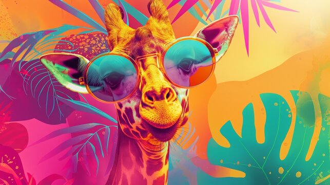 A giraffe with trendy sunglasses enjoys a colorful and lively tropical environment, blending fashion with a fun vacation vibe