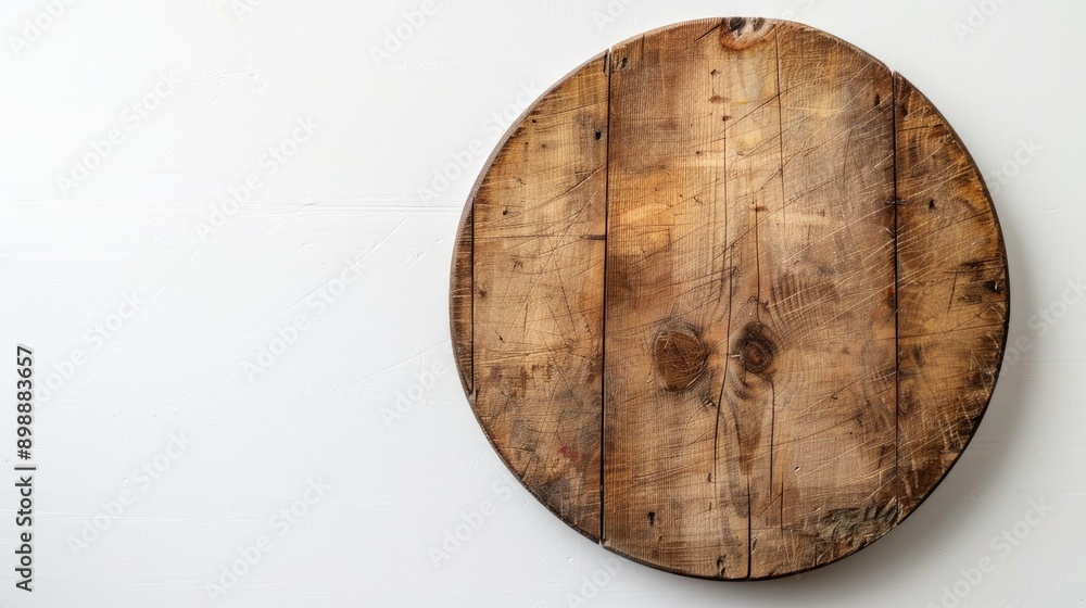 Poster Aged circular cutting board on white backdrop